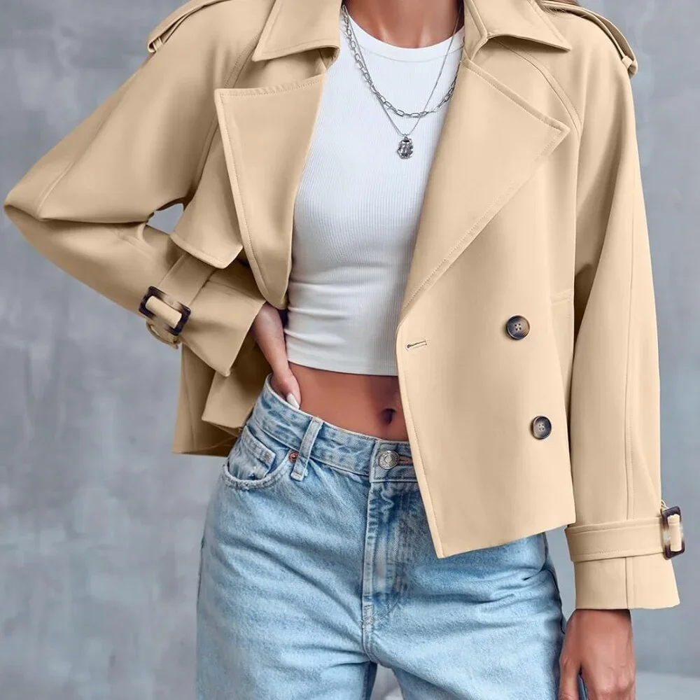 Women Crop Double Breasted Trench Coat Raglan Sleeve Work Office Cropped Jacket - Picture 2 of 6